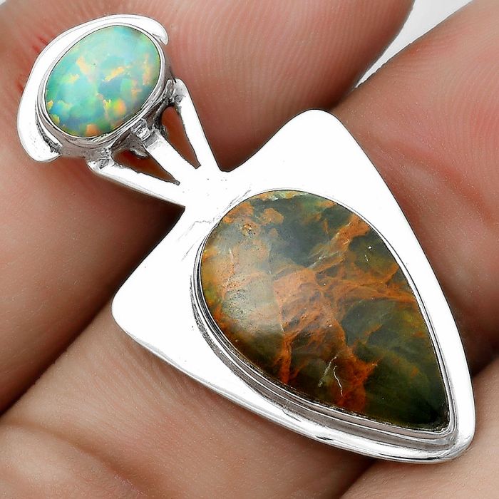 Turkish Rainforest Chrysocolla & Fire Opal Pendant SDP121074 P-1662, 11x19 mm