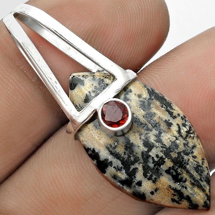 Russian Honey Dendrite Opal & Garnet Pendant SDP121590 P-1563, 14x28 mm