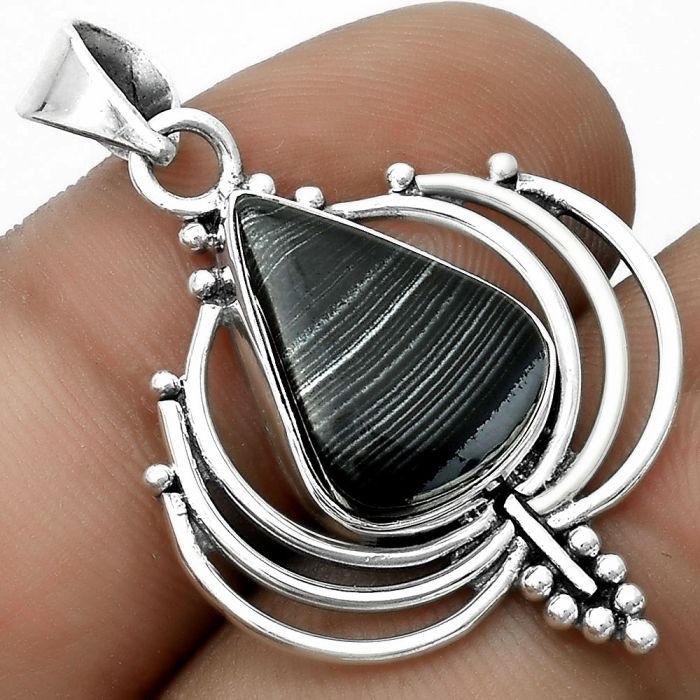 Lotus - Crown Of Silver Psilomelane - Black Malachite Pendant SDP122389 P-1702, 11x15 mm