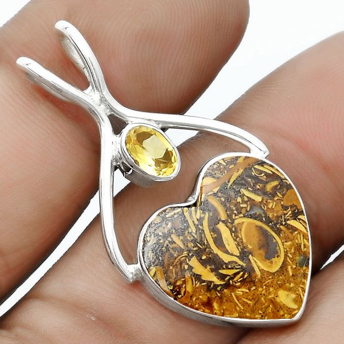 Valentine Gift Heart Coquina Fossil Jasper & Citrine Pendant SDP123931 P-1038, 17x17 mm