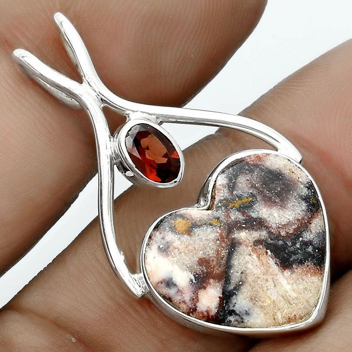 Valentine Gift Heart Indian Blanket Jasper & Garnet Pendant SDP123936 P-1038, 16x16 mm