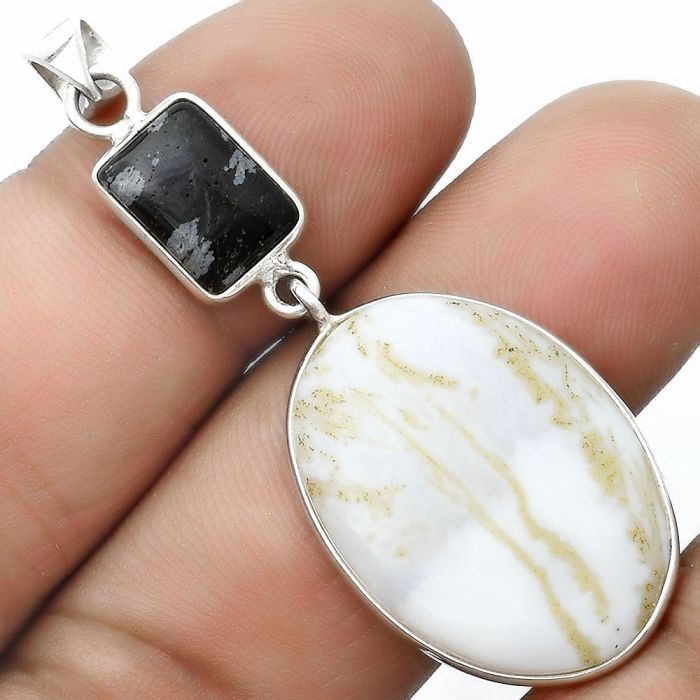 Natural Moss Opal & Snow Flake Obsidian Pendant SDP124271 P-1098, 19x26 mm