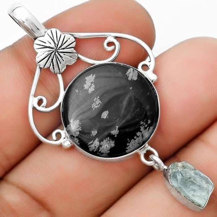 Natural Snow Flake Obsidian & Aqua Apatite Rough Pendant SDP125516 P-1455, 18x18 mm