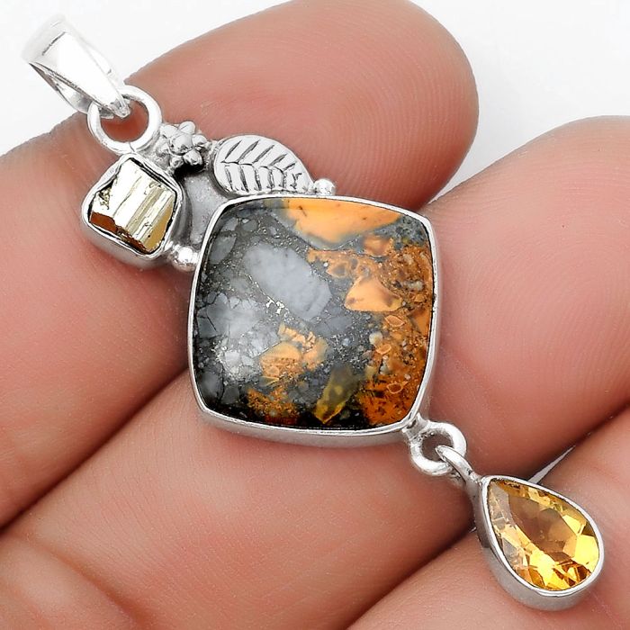 Maligano Jasper, Citrine & Peruvian Golden Pyrite Pendant SDP125530 P-1414, 15x15 mm