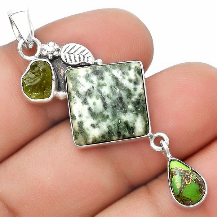 Dioptase, Copper Green Turquoise & Peridot Rough Pendant SDP125536 P-1414, 14x14 mm