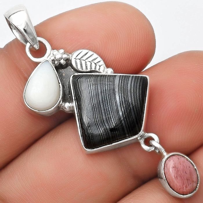 Black Malachite, White Opal & Pink Tulip Quartz Pendant SDP125542 P-1414, 16x17 mm