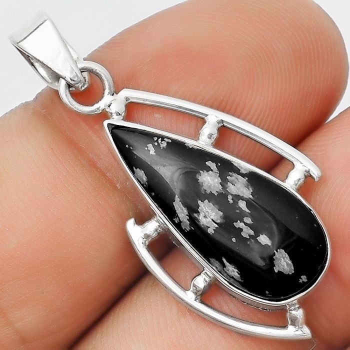 Natural Snow Flake Obsidian Pendant SDP125608 P-1274, 9x22 mm