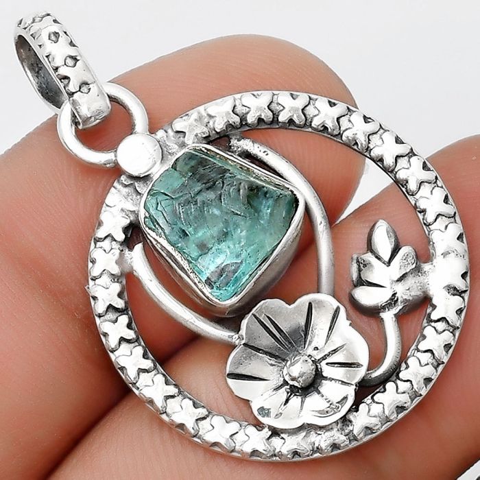 Floral - Natural Aqua Apatite Rough Pendant SDP125764 P-1615, 9x9 mm