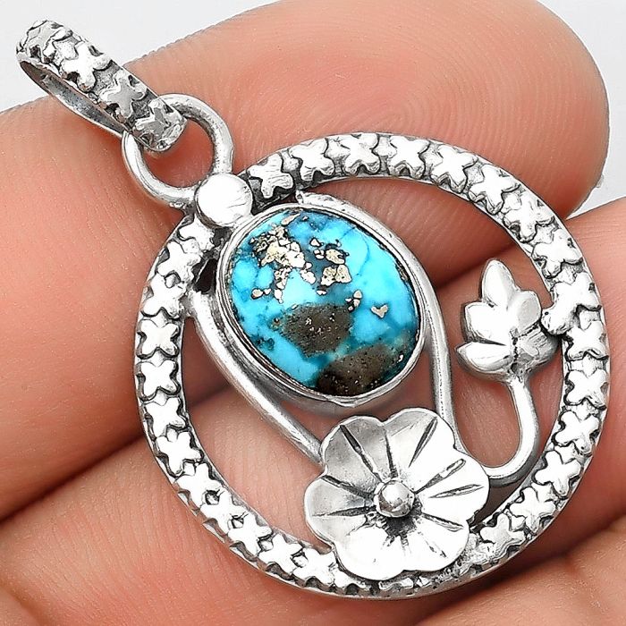 Floral - Kingman Turquoise With Pyrite 925 Silver Pendant P-1615, 9x11 mm