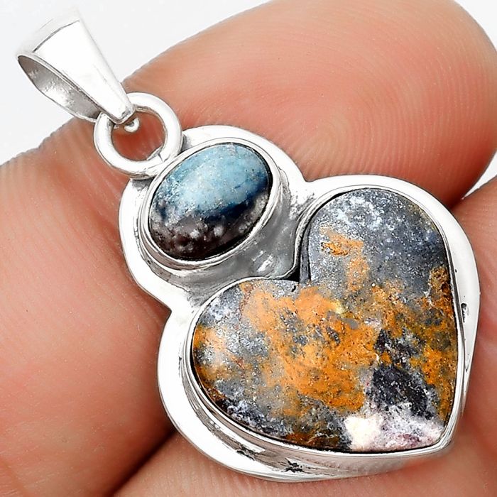 Valentine Gift Heart Indian Blanket Jasper & Blue Scheelite Pendant SDP125844 P-1607, 16x16 mm