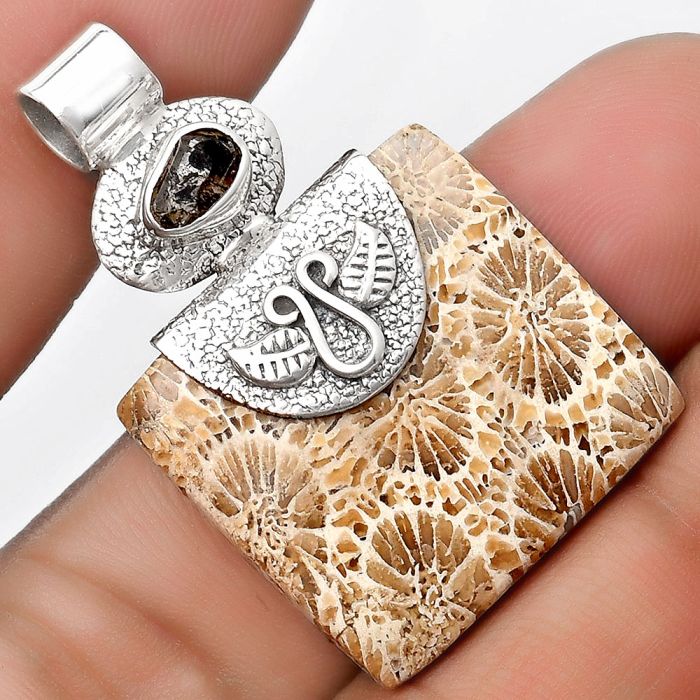 Flower Fossil Coral & Herkimer Diamond Pendant SDP126063 P-1545, 24x25 mm