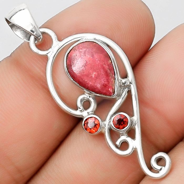 Natural Pink Thulite - Norway & Garnet Pendant SDP126218 P-1039, 8x12 mm