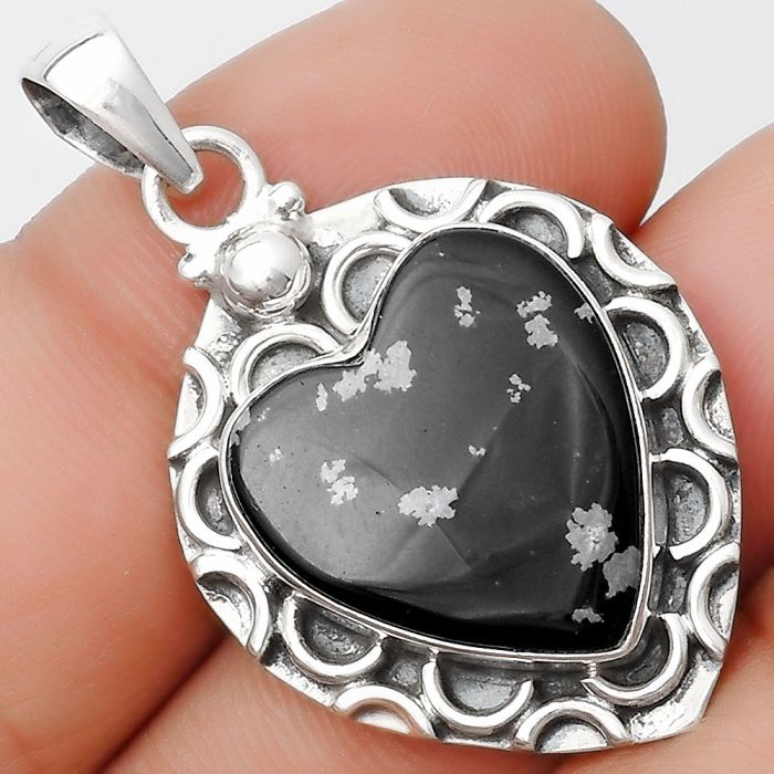 Valentine Gift Heart Natural Snow Flake Obsidian Pendant SDP126245 P-1242, 17x19 mm