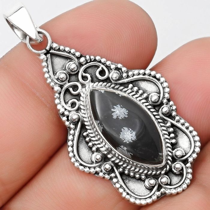 Natural Snow Flake Obsidian Pendant SDP126274 P-1214, 9x18 mm