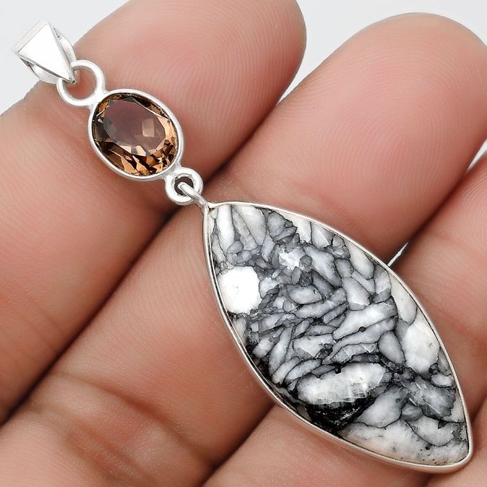 Natural Pinolith & Smoky Quartz Pendant SDP126318 P-1098, 16x33 mm