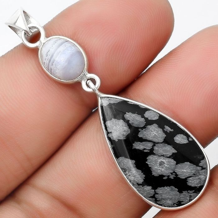 Snow Flake Obsidian & Blue Lace Agate Pendant SDP126331 P-1098, 14x25 mm