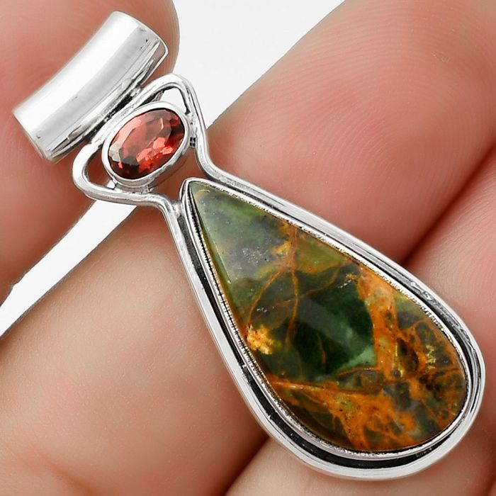 Turkish Rainforest Chrysocolla & Garnet Pendant SDP126678 P-1130, 12x24 mm