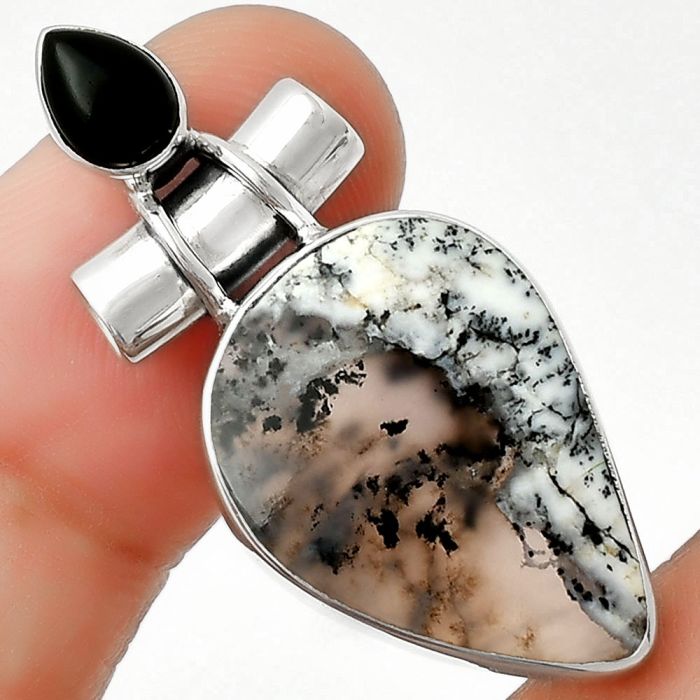 Merlinite Dendritic Opal & Black Onyx Pendant SDP126751 P-1159, 16x22 mm