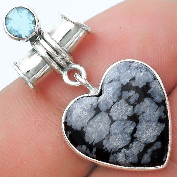 Valentine Gift Heart Snow Flake Obsidian & Sky Blue Topaz Pendant SDP127109 P-1337, 17x17 mm