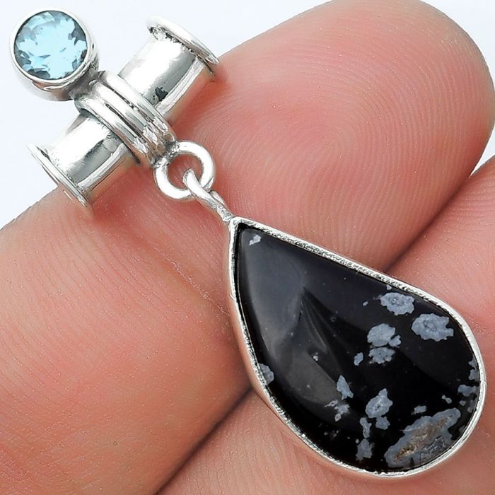 Snow Flake Obsidian & Sky Blue Topaz Pendant SDP127112 P-1337, 12x19 mm