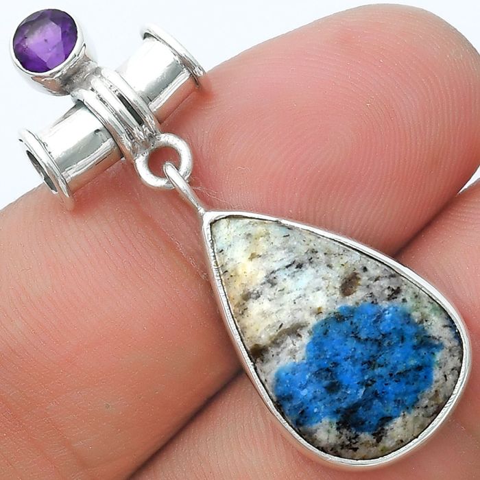 K2 Blue - Azurite In Quartz & Amethyst Pendant SDP127117 P-1337, 14x20 mm