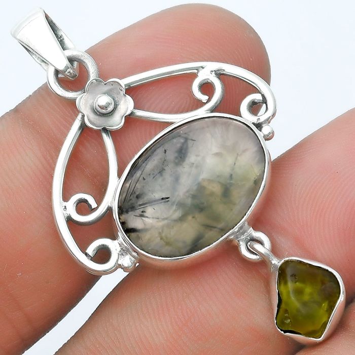 Natural Prehnite & Peridot Rough Pendant SDP127153 P-1455, 13x18 mm