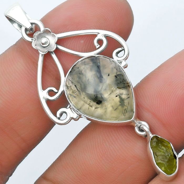 Natural Prehnite & Peridot Rough Pendant SDP127162 P-1455, 14x18 mm