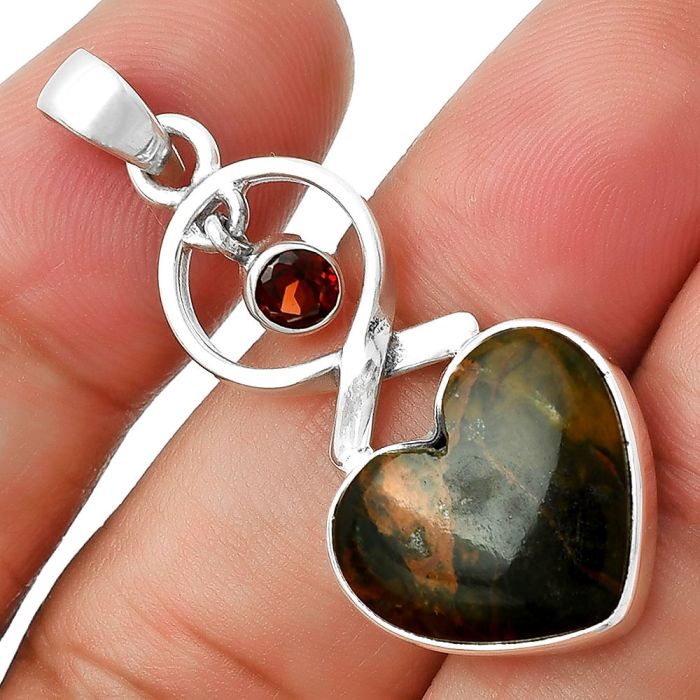 Valentine Gift Heart Turkish Rainforest Chrysocolla & Garnet Pendant SDP127382 P-1048, 16x17 mm