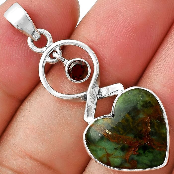 Valentine Gift Heart Turkish Rainforest Chrysocolla & Garnet Pendant SDP127404 P-1048, 16x16 mm