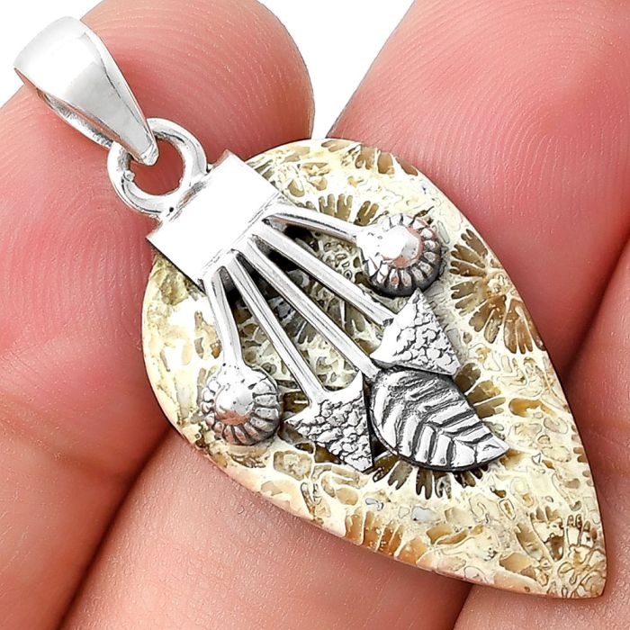 Natural Flower Fossil Coral Pendant SDP127588 P-1647, 17x28 mm