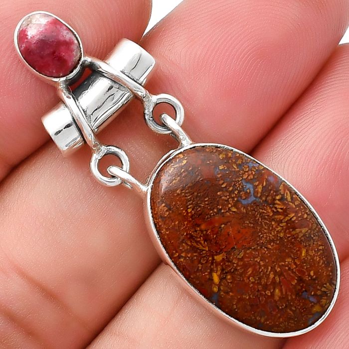 Natural Red Moss Agate & Pink Thulite Pendant SDP127626 P-1276, 14x22 mm