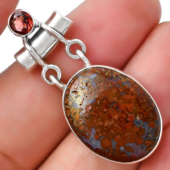 Natural Red Moss Agate & Garnet Pendant SDP127640 P-1276, 16x21 mm