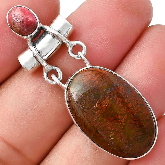 Natural Red Moss Agate & Pink Thulite Pendant SDP127641 P-1276, 14x23 mm