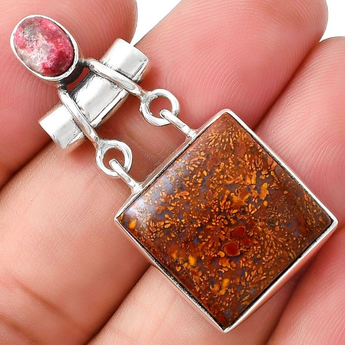 Natural Red Moss Agate & Pink Thulite Pendant SDP127653 P-1276, 17x17 mm