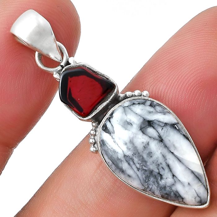 Natural Pinolith Stone & Garnet Pendant SDP127707 P-1617, 12x19 mm