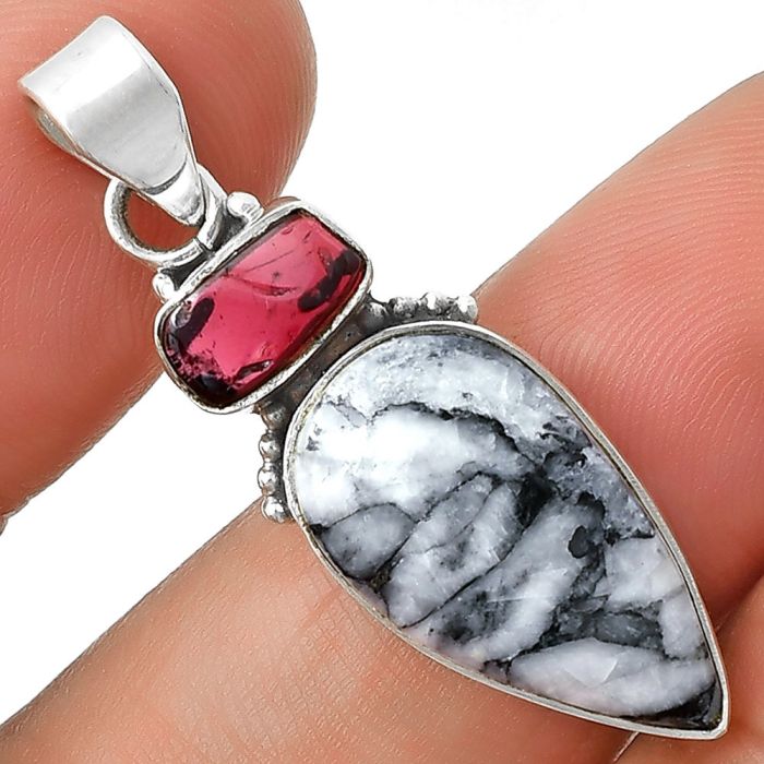 Natural Pinolith Stone & Garnet Pendant SDP127719 P-1617, 11x20 mm