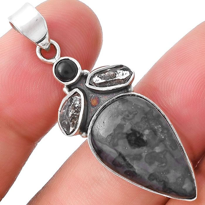 Indigo Gabbro, Herkimer Diamond & Black Onyx Pendant SDP127730 P-1203, 13x21 mm