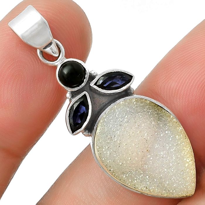 Snow White Druzy, Iolite & Black Onyx Pendant SDP127738 P-1203, 13x18 mm