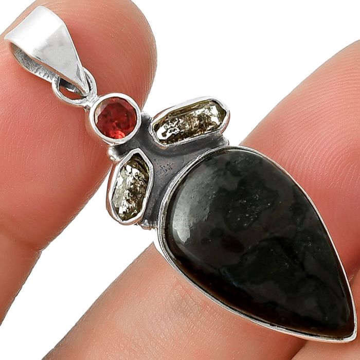 Natural Indigo Gabbro, Herkimer Diamond & Garnet Pendant SDP127758 P-1203, 13x21 mm