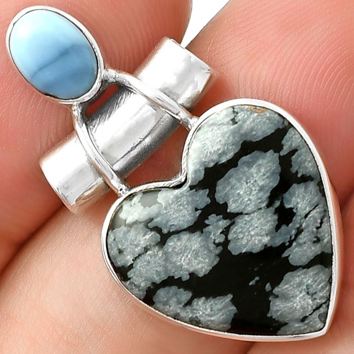 Valentine Gift Heart Snow Flake Obsidian & Owyhee Opal Pendant SDP127808 P-1159, 16x16 mm