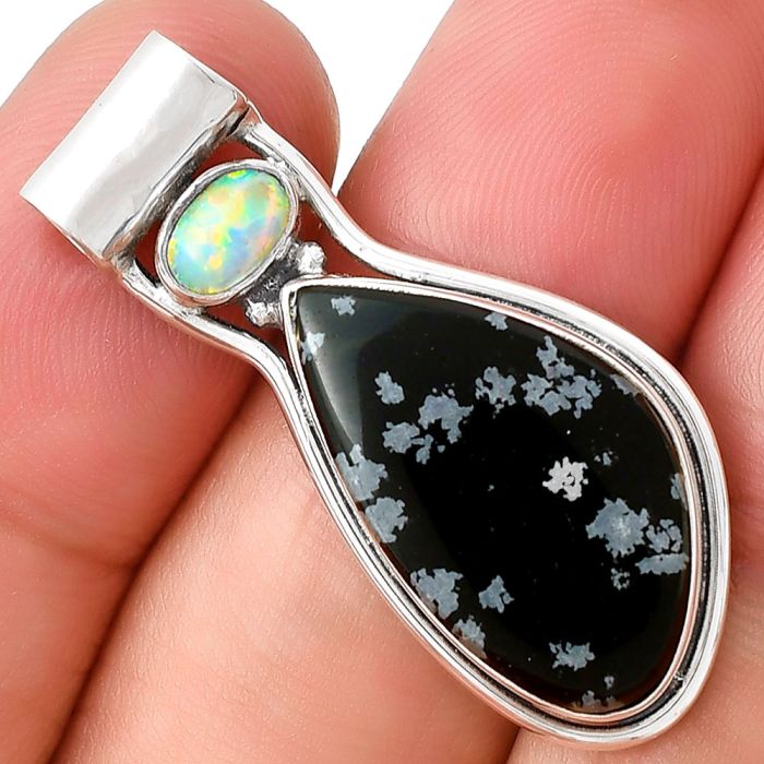 Natural Snow Flake Obsidian & Fire Opal Pendant SDP127898 P-1130, 13x22 mm