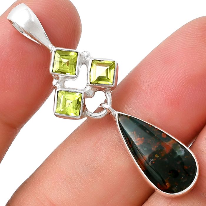 Natural Blood Stone - India & Peridot Pendant SDP127922 P-1203, 8x17 mm