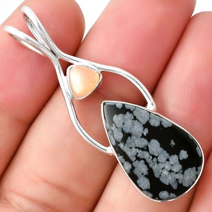 Snow Flake Obsidian & Peach Moonstone Pendant SDP128198 P-1038, 13x22 mm