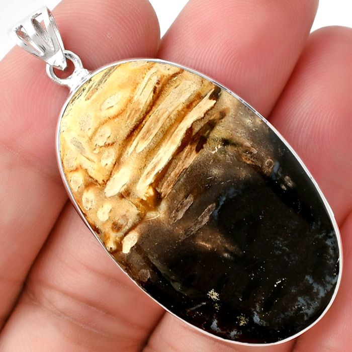 Natural Palm Root Fossil Agate Pendant SDP128275 P-1001, 25x40 mm