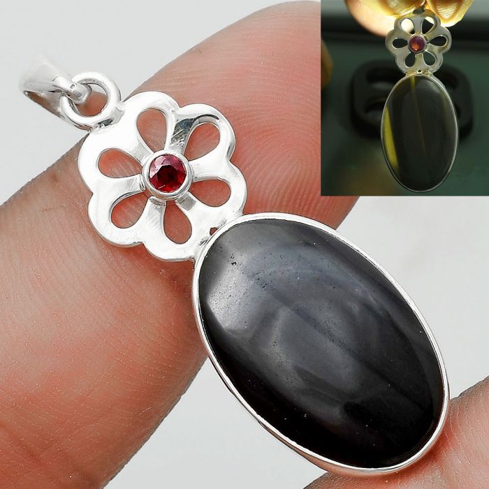 Natural Black Lace Obsidian & Garnet Pendant SDP128952 P-1634, 14x22 mm