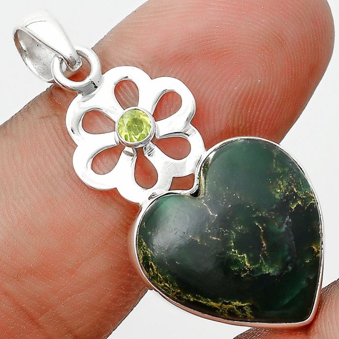 Valentine Gift Heart Natural Green Fuchsite & Peridot Pendant SDP128956 P-1634, 17x17 mm