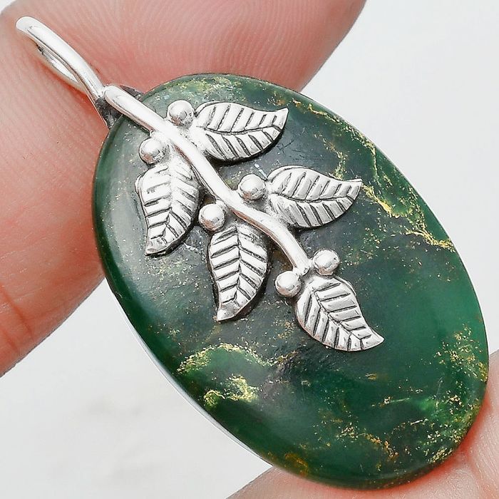 Leaves - Natural Green Fuchsite Pendant SDP129151 P-1291, 22x34 mm