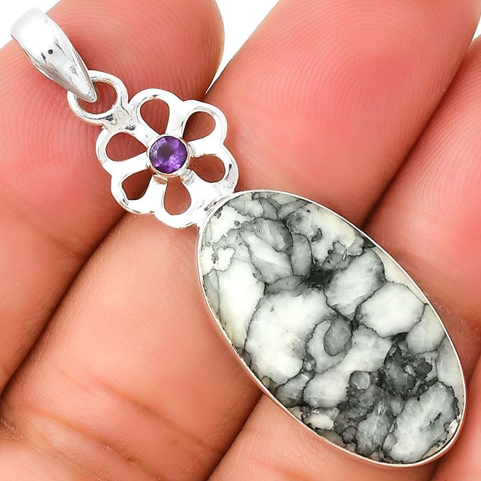 Natural Pinolith Stone & Amethyst Pendant SDP130861 P-1634, 14x26 mm