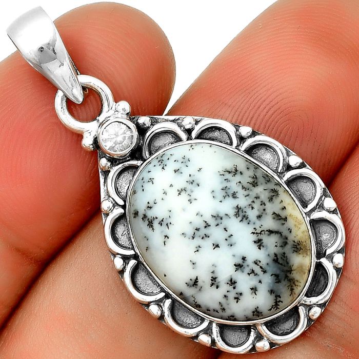 Merlinite Dendritic Opal & Zircon Pendant SDP131799 P-1080, 14x19 mm