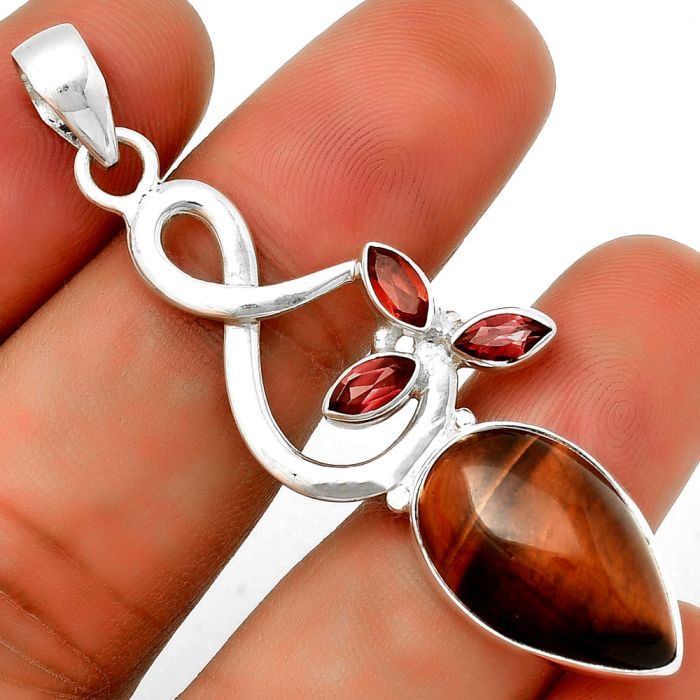 Natural Red Tiger Eye & Garnet Pendant SDP131853 P-1118, 12x19 mm